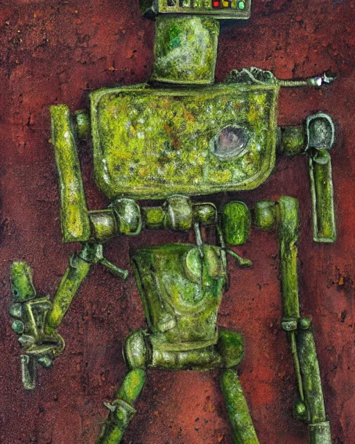 Image similar to detailed oil painting of a decayed, rusty, humanoid robot, covered in moss