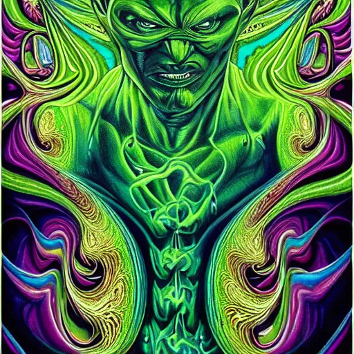 Image similar to the incredible hulk becomes a fractal, painted by alex grey. psychedelic visionary art