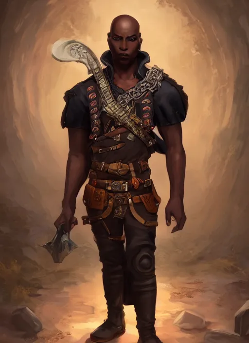 Image similar to An epic fantasy comic book style portrait painting of a young dark skinned thief with broad shoulders and a bald head in a vest in the style of the wheel of time, unreal 5, DAZ, hyperrealistic, octane render, cosplay, RPG portrait, dynamic lighting