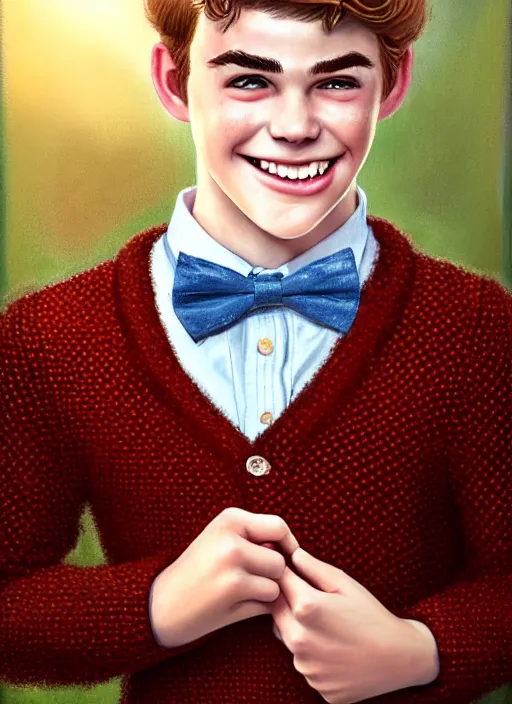 Image similar to portrait of teenage archie andrews, freckles, curly middle part haircut, curly hair, middle part hairstyle, smiling kindly, wearing a bowtie and sweater vest, intricate, elegant, glowing lights, highly detailed, digital painting, artstation, concept art, smooth, sharp focus, illustration, art by wlop, mars ravelo and greg rutkowski