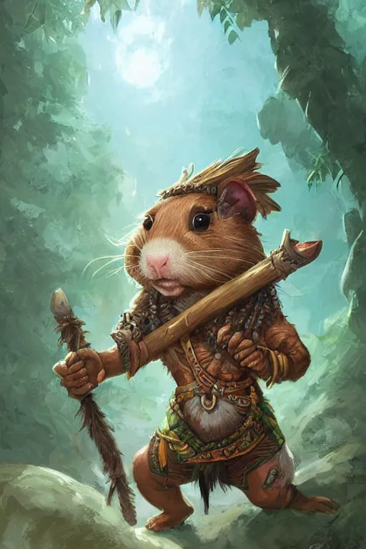 Image similar to cute little anthropomorphic Guinea Pig Indian Jungle native, tiny, small, short, wielding spear, cute and adorable, pretty, beautiful, DnD character art portrait, matte fantasy painting, DeviantArt Artstation, by Jason Felix by Steve Argyle by Tyler Jacobson by Peter Mohrbacher, cinematic lighting