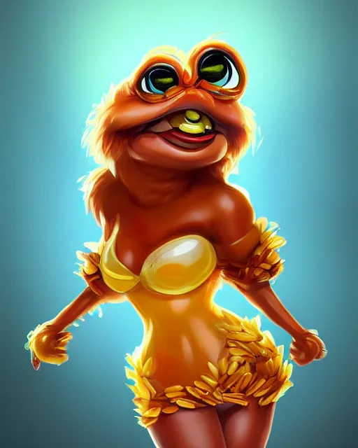 Image similar to beautiful pepe as honey, made of honey, wearing honey - themed miniskirt, award winning creature portrait photography, extremely detailed, artstation, 8 k, sensual lighting, incredible art, wlop, artgerm, backlit, rim lighting, hi - fructose