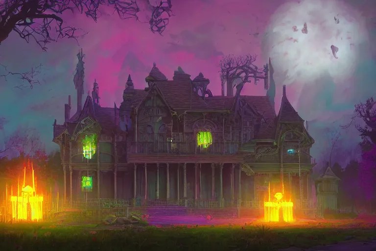 Image similar to matte painting, haunted mansion, infographic with illustrations!!!, glowing lights, epic fantasy, colorfully, digital art, highly saturated colors, concept art, detailed illustration, hd, 4 k, digital art, greg rutkowski, dan mumford, studio ghibli trending on artstation