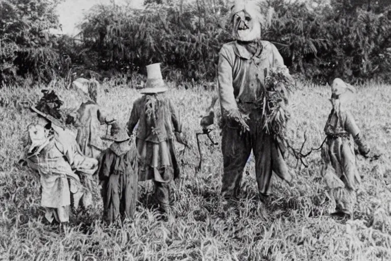 Prompt: disturbing scarecrow from the early 1 9 0 0's leading children into the burning cornfields