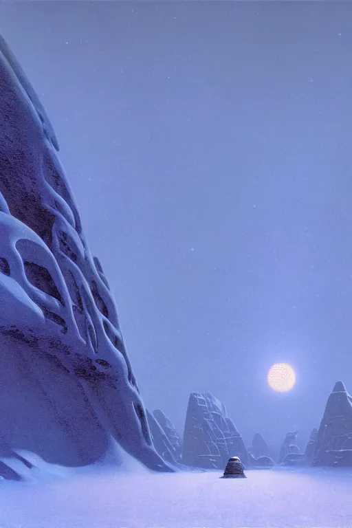 Image similar to emissary space by arthur haas and bruce pennington and john schoenherr, planet hoth, snowy mountains, blue hour, cinematic matte painting, 8 k, dark color palate,