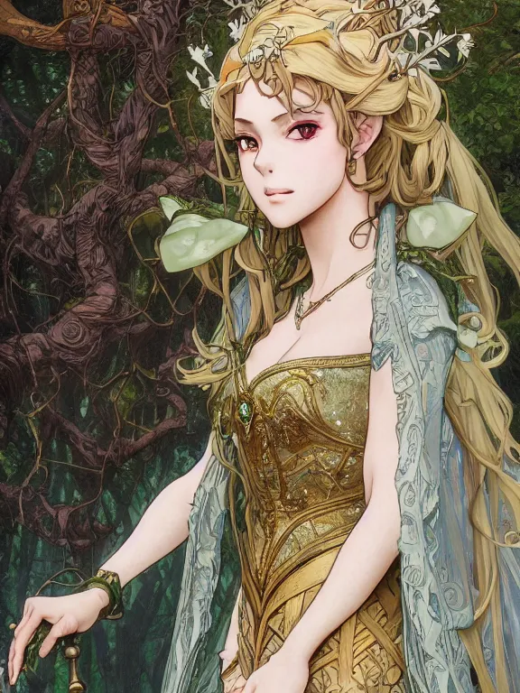 Image similar to anime key visual closeup of amora the enchantress wearing a medieval gown!! intricate, magical forest, stunning, highly detailed, digital painting, artstation, smooth, hard focus, illustration, art by artgerm and greg rutkowski and alphonse mucha