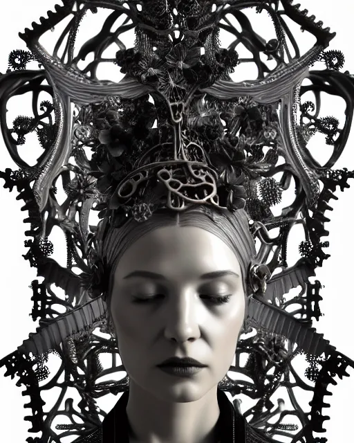 Image similar to monochrome 3 d model, 1 8 7 0 picture, silver mesh floral steampunk biomechanical beautiful young female cyborg with porcelain profile face and a techno eye, volumetric light, leaves foliage and stems, hibiscus flowers, sinuous fine roots, fine foliage lace, alexander mcqueen, rim light, big gothic fashion pearl embroidered collar, octane render, 8 k