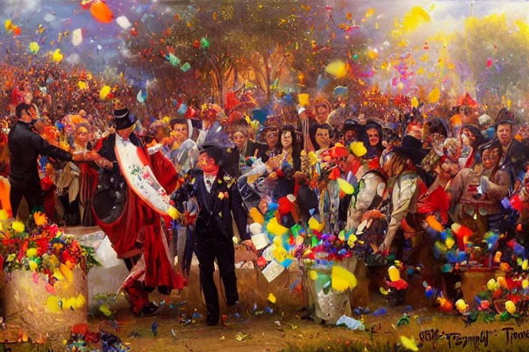 Image similar to portrait of rip taylor throwing confetti during a mexican funeral parade, an oil painting by ross tran and thomas kincade