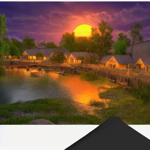 Image similar to realistic photo of village by the river, sunset, detailed, trending on artstation