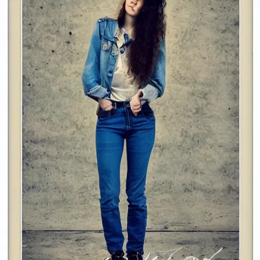 Image similar to teenage girl, long shaggy hair permed hair, double denim, heavy rocker, 2 0 2 2 photograph