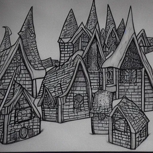 Prompt: wizard village photorealistic drawing