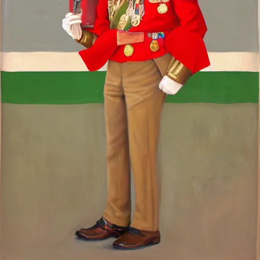 Prompt: a realistic painting depicting a man wear brown veteran uniform, standing elegantly, wearing loafers, behind him is a indonesian flag which rectangular in shape with a width of 2 / 3 ( two - thirds ) of the length and the top is red and the bottom is white, both halves are the same size.