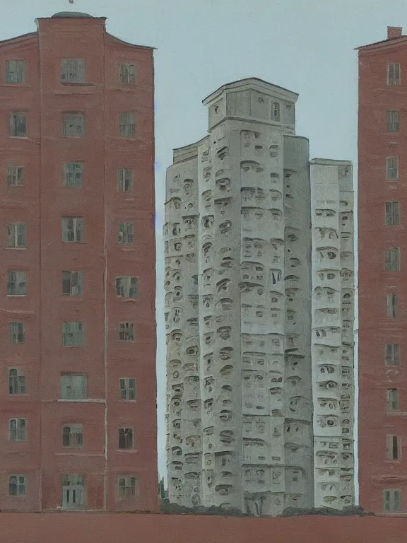 Prompt: painting of Soviet apartment building jewelered with skulls, by Vereschagin