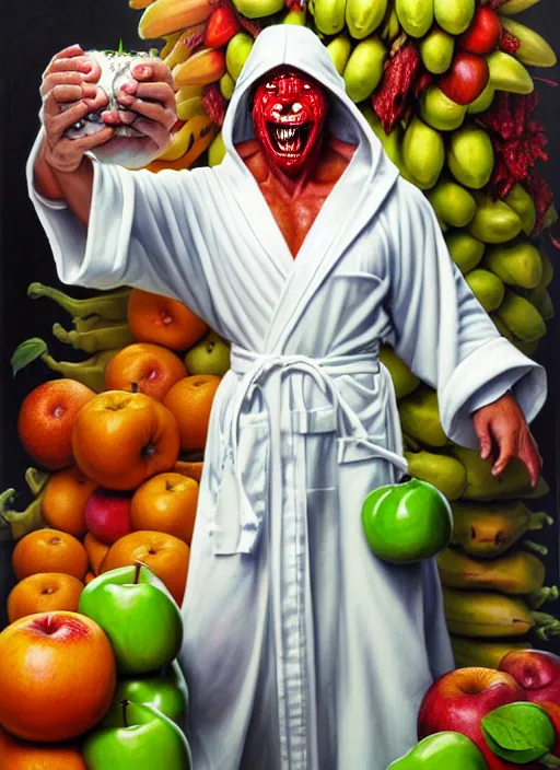 Image similar to full body shot of a monster man in a white robe, green skin, dressed in all white, covered in different fruit, apples, oranges, bananas, intricate, highly detailed, concept art, hyperrealistic, oil painting by greg staples and tristan eaton, 8 k