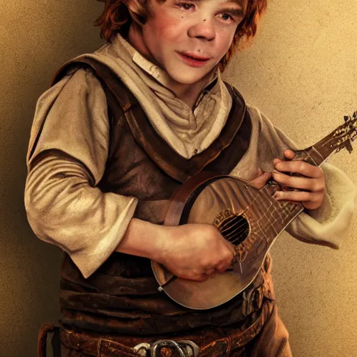 Image similar to realistic portrait of a halfling male, happy, bard, short hair, lute, intricate details, cinematic, photo, fantasy, medieval