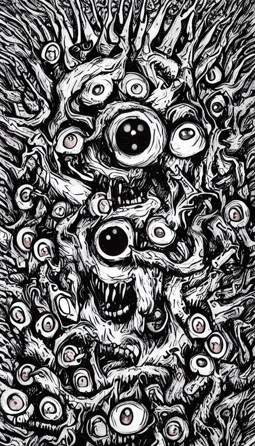 Prompt: a storm vortex made of many demonic eyes and teeth, by david eichenberg