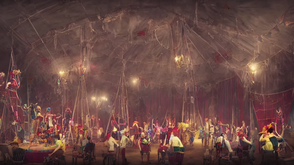 Image similar to of a gang of circus clowns, drinking alcohol, inside a circus tent, matte painting, concept art, 4K