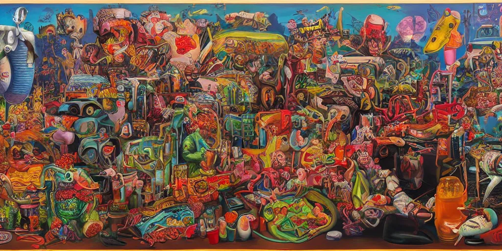 Image similar to refined oil painting lowbrow pop surreal masterpiece in the style of robert williams,