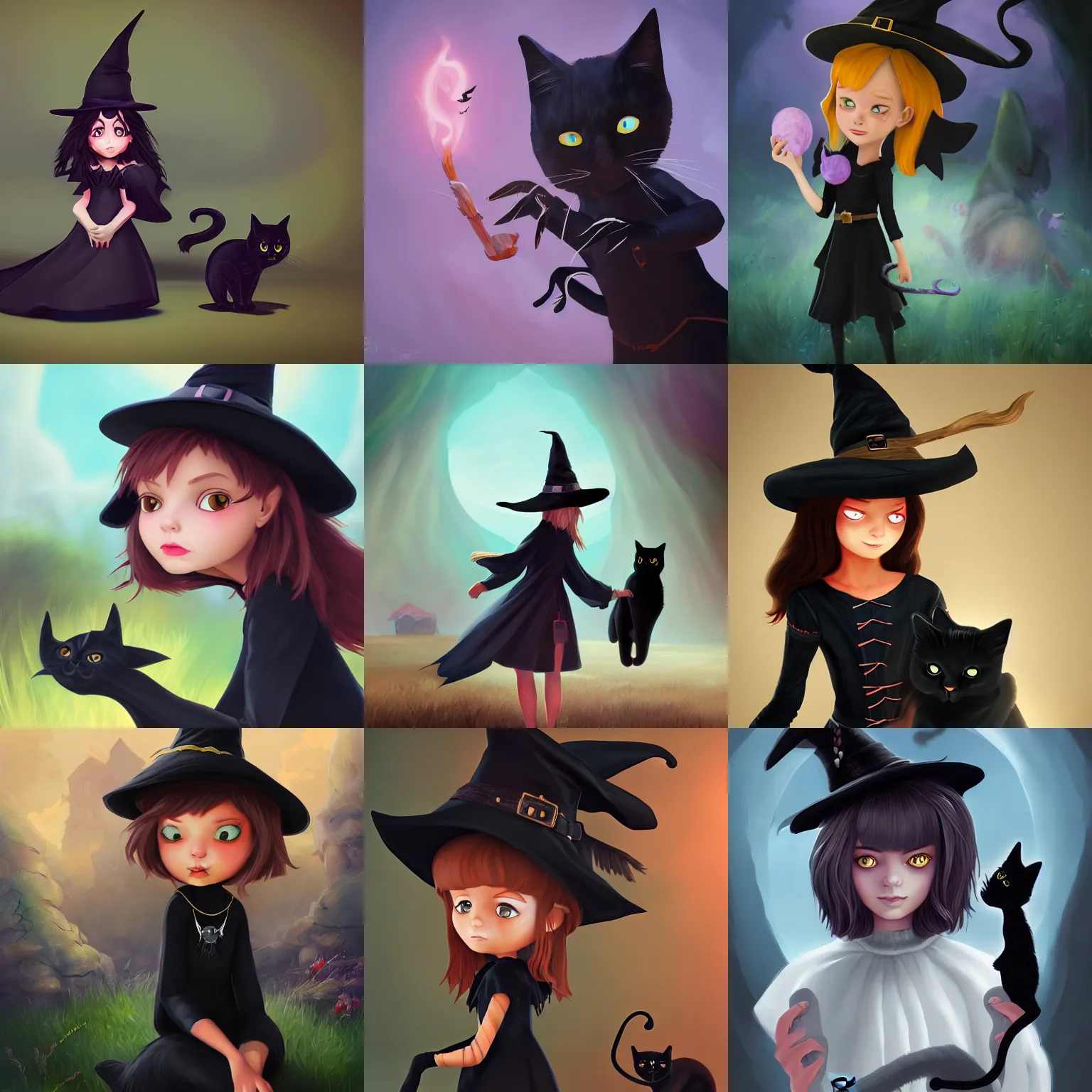 Prompt: mischievous young witch with her black cat familiar, highly detailed, digital painting, artstation, concept art, smooth, sharp focus, illustration, Unreal Engine 5, 8K, art by Studio Trigger