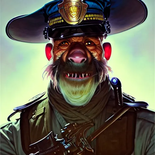 Prompt: portrait painting of a friendly bugbear police officer, d & d, ultra realistic, concept art, intricate details, eerie, highly detailed, photorealistic, octane render, 8 k, unreal engine. art by artgerm and greg rutkowski and magali villeneuve and alphonse mucha