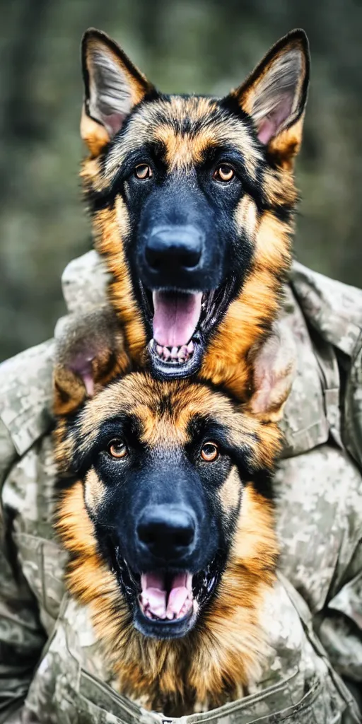 Image similar to close up character portrait icon of the german shepard beast - man military uniform head animal person wearing clothes standing in the bright forest, 4 k, tone mapping