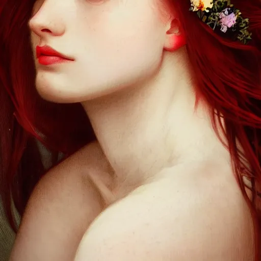 Image similar to side portrait of a beautiful girl, red hair, flower crown, white dress, headshot, hyper realistic, pale skin, 4k, rule of thirds, beautiful eyes, extreme detail, detailed drawing, trending artstation, hd, fantasy, D&D, realistic lighting, by Alphonse Mucha, Greg Rutkowski, sharp focus, backlit, elegant