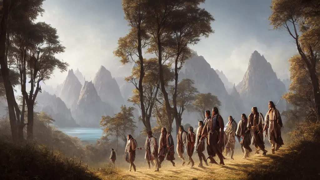 Image similar to highly detailed image of a group of indigenous travelers, walking in a line, traditional clothing, unreal engine, fantasy art by greg rutkowski, mountains, lake, hunter, by greg rutkowski, cgsociety, ferdinand knab, rossdraws, tom bagshaw, global illumination, radiant light, detailed and intricate environment