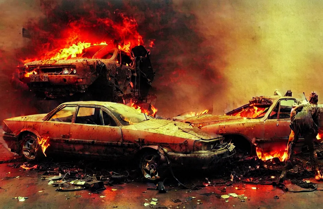 Prompt: an abandoned car on fire, detailed painting, epic lighting, by ilya repin, phil hale and kent williams