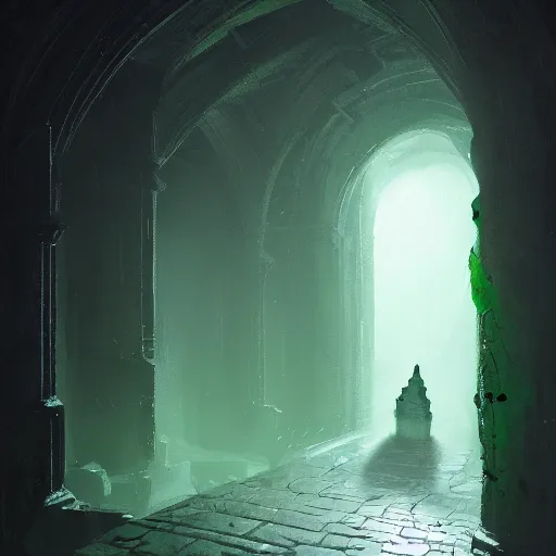 Prompt: dark stone hallway with green goo in the corners as an adventurer with a torch walks through, by greg rutkowski