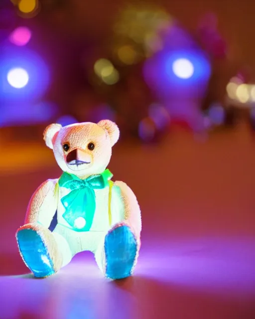 Image similar to high quality presentation night photo of an illuminated cute retro toy robot teddy bear, photography 4k, f1.8 anamorphic, bokeh, 4k, Canon, Nikon