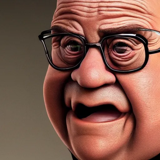 Image similar to hyperrealistic mixed media realistic sculpture of danny devito, stunning 3 d render inspired art by xiang duan and thomas eakes, perfect facial symmetry, hyper realistic texture, realistic, highly detailed attributes and atmosphere, dim volumetric cinematic lighting, 8 k octane detailed render, post - processing, masterpiece,