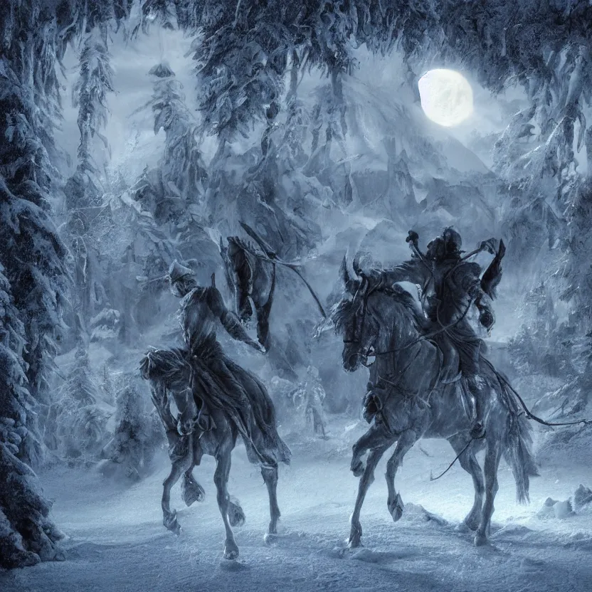 Prompt: ice sculpture of a headless horseman riding into the night, beautiful matte painting