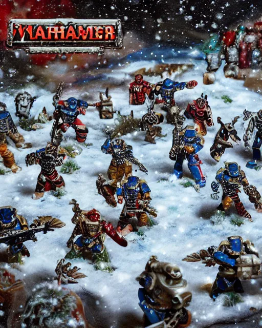 Image similar to postcard showing 'realistic warhammer space marines frollicking in the snow at christmas' laying on coffee table, zoomed out, HD, iphone capture