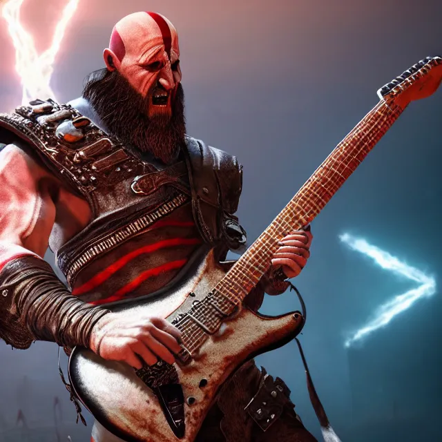 Prompt: sunglasses wearing screaming kratos rocking out on a stratocaster guitar, cinematic render, god of war 2 0 1 8, playstation studios official media, sunglasses, lightning