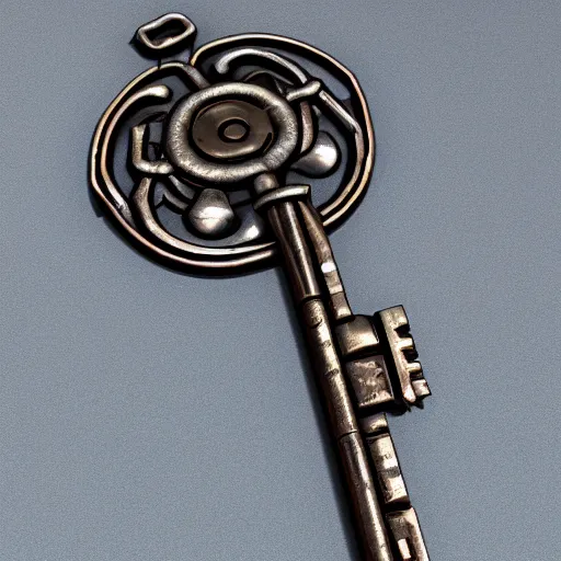 Prompt: a stylised old metal key, key is on the center, rpg game inventory item, on the white background, high poly vray, stylised textures, trending on artstation