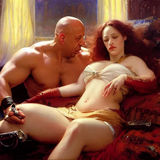 Image similar to vin diesel is in his bed, nervous and terrified, because kat dennings from hell is attacking him. highly detailed painting by gaston bussiere, j. c. leyendecker, greg rutkowski, craig mullins 8 k