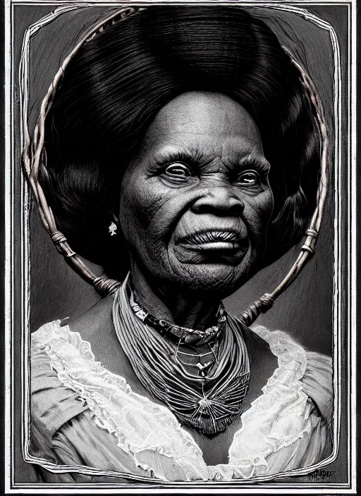 Image similar to a portrait of an old black woman with a crooked nose in victorian clothing, confident pose, intricate, elegant, sharp focus, illustration, highly detailed, concept art, matte, trending on artstation, anime, art by james jean and artgerm and brian despain and alberto mielgo, greg rutkowski, wlop, ilya kuvshinov, strong strokes