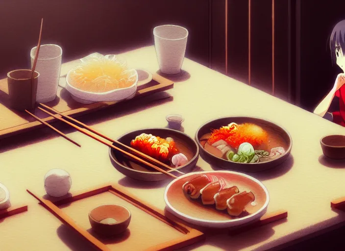 Image similar to a film still portrait of a plate with japanese food yakitori, finely detailed features, closeup at the food, perfect art, at a dinner table, gapmoe yandere grimdark, trending on pixiv fanbox, painted by greg rutkowski makoto shinkai takashi takeuchi studio ghibli, akihiko yoshida