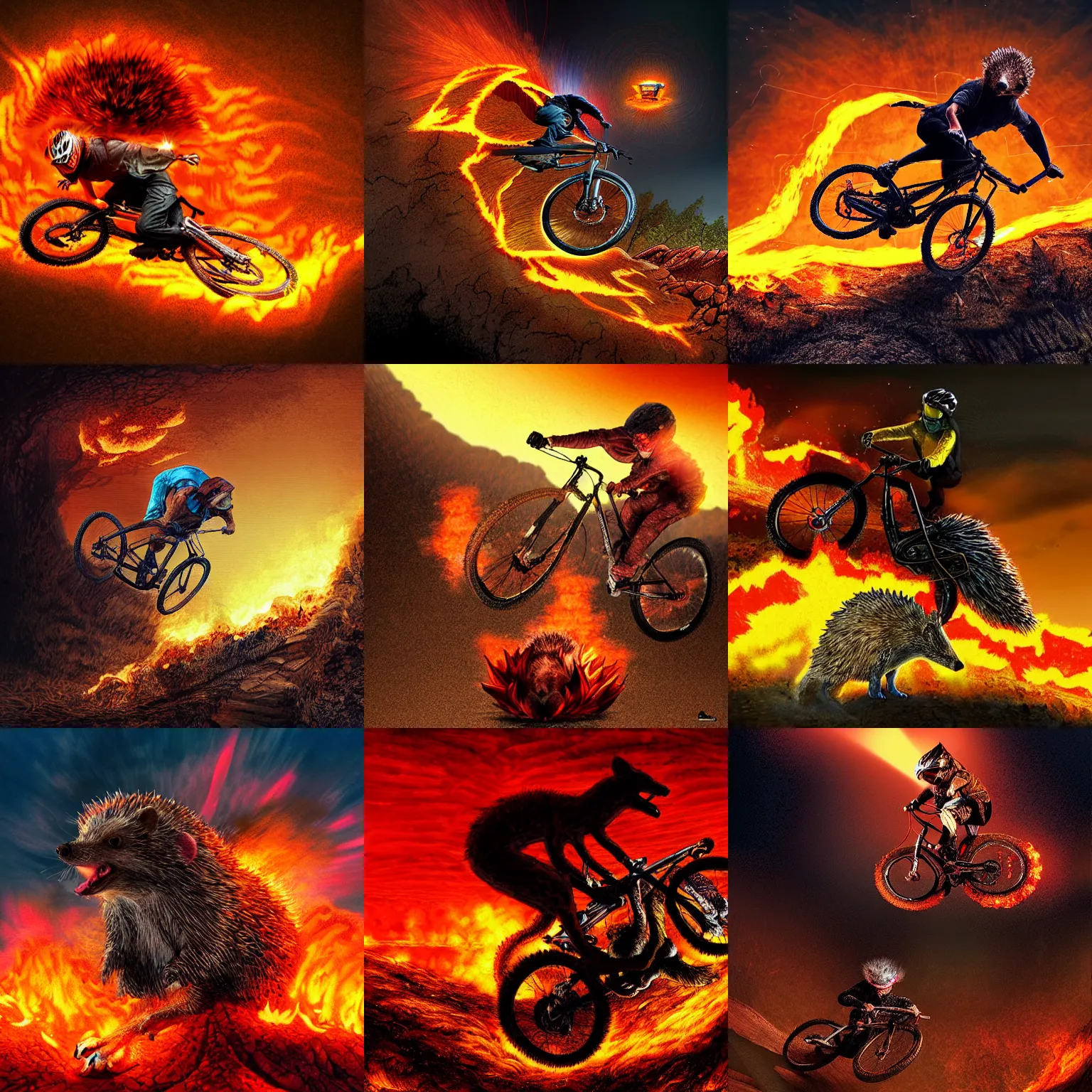 Prompt: mountain biker flying over hedgehog into the flaming depths of hell, dramatic lighting, intricate, digital art