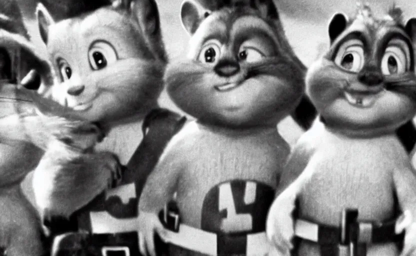 Prompt: Alvin in the chipmunks during World War II, grainy black and white photo