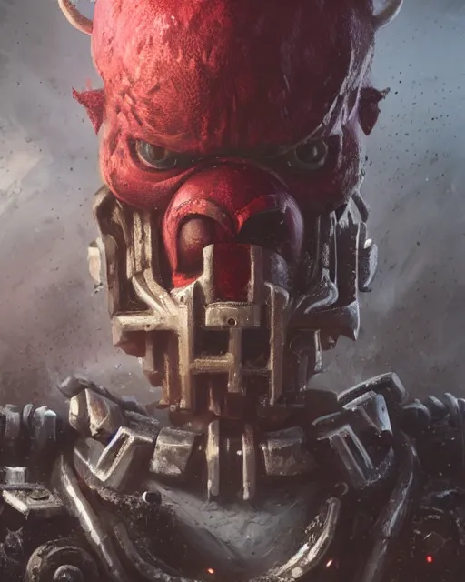 Image similar to hyper realistic portrait of heroic warhammer 4 0 k android head, cinematic, chaos marine, khorne, full head and shoulders, muppet, greg rutkowski, redshift, vray, octane