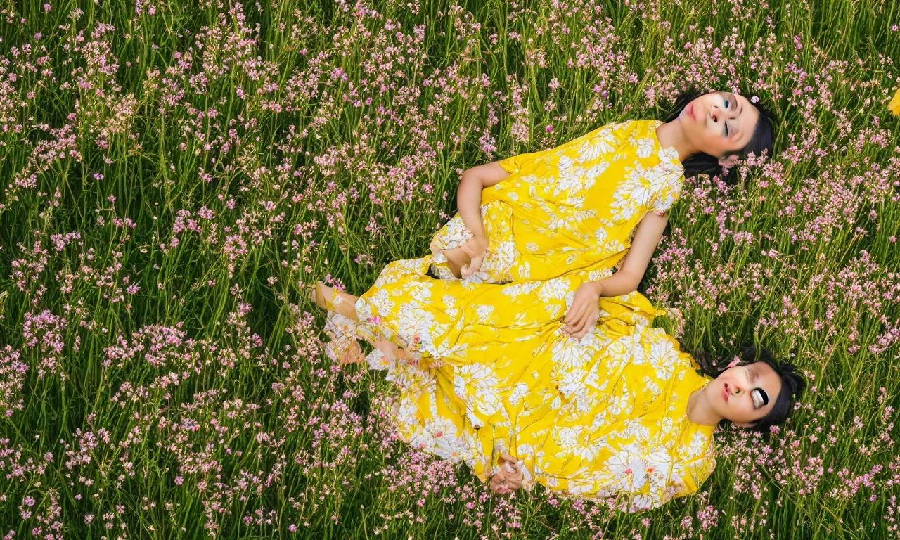 Image similar to a beautiful Asian woman lying in a field of wildflowers, wearing a yellow and white sun dress, close, dreamy