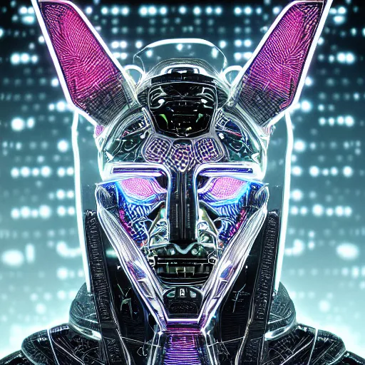 Image similar to face of cybernetic anubis, futuristic, cyberpunk, symmetric, digital illustration, photo - realistic, macro, extremely detailed, vivid, neon, dramatic lighting, intricate details