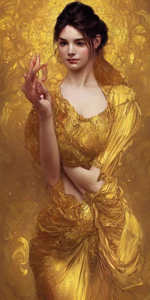 Image similar to ultra realistic illustration studio of a beautiful elegant girl in an artistic pose covered in golden silk cloths, intricate, elegant, highly detailed, digital painting, artstation, concept art, smooth, sharp focus, illustration, art by artgerm and greg rutkowski and alphonse mucha by klimt