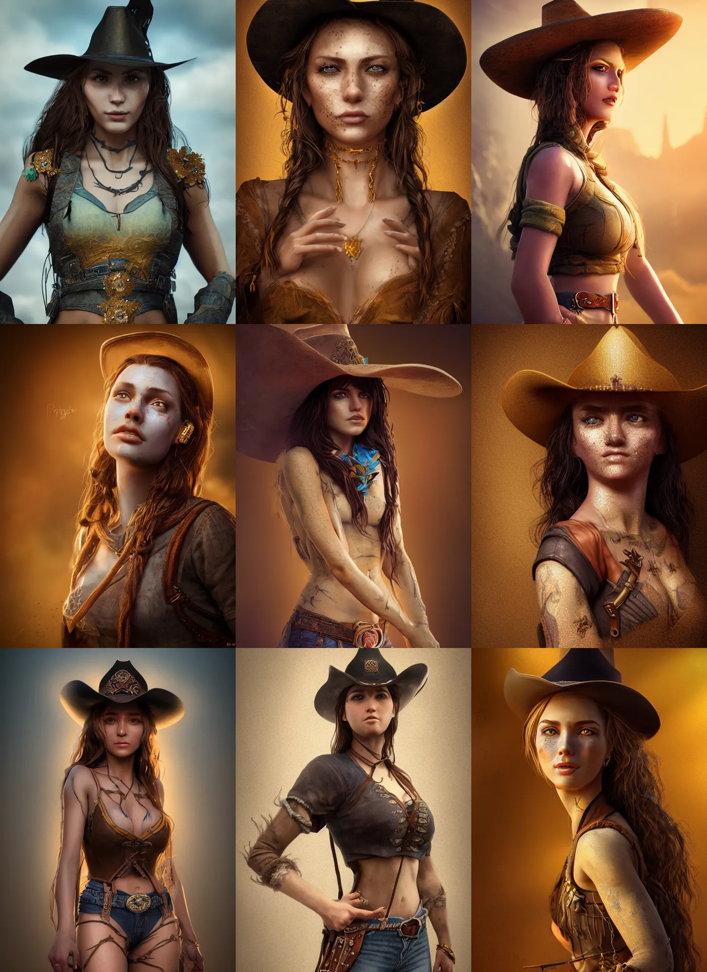 Prompt: detailed full body concept beautiful matte painting of a beautiful cowgirl with a beautiful face, insanely detailed and intricate, octane render, golden ratio, dark fractal background, vfx, postprocessing, freckles, alluring
