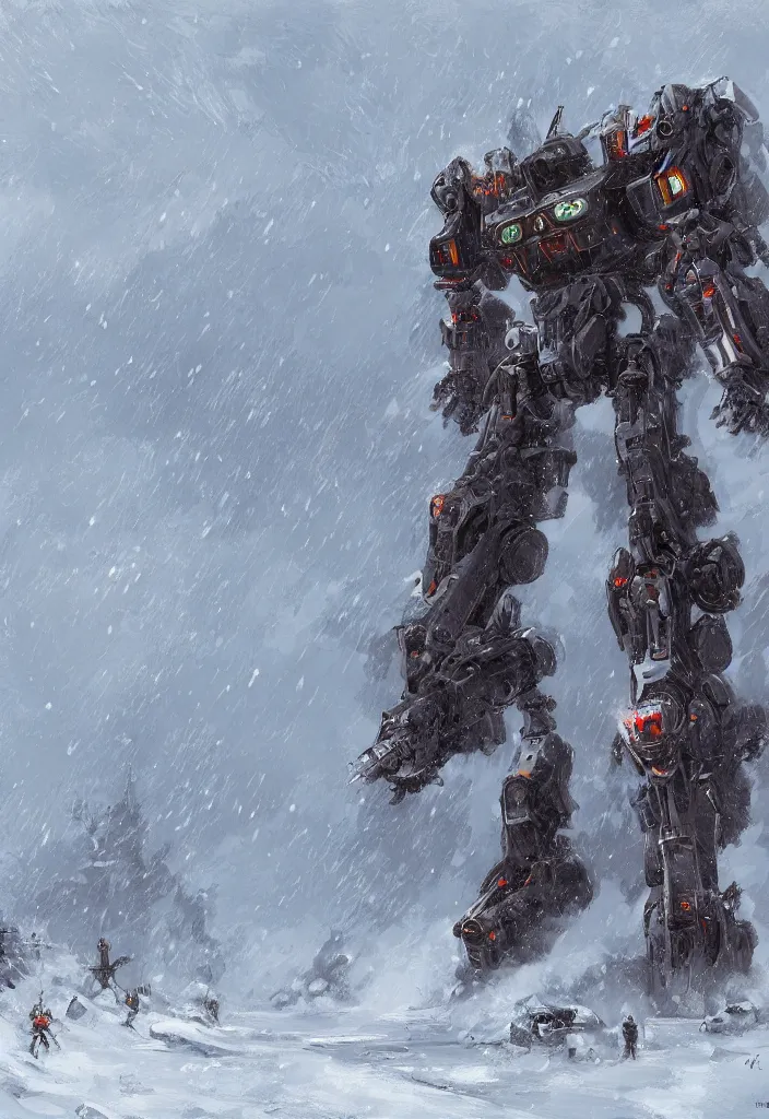 Image similar to Digital Art of a 1914 Mecha in the snow, Rozalski, trending on artstation