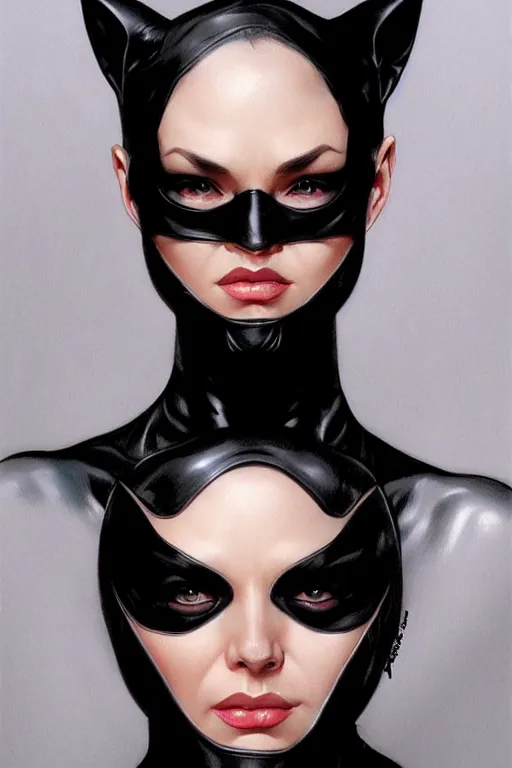 Image similar to catwoman, realistic portrait, symmetrical, highly detailed, digital painting, artstation, concept art, smooth, sharp focus, illustration, cinematic lighting, art by artgerm and greg rutkowski and alphonse mucha