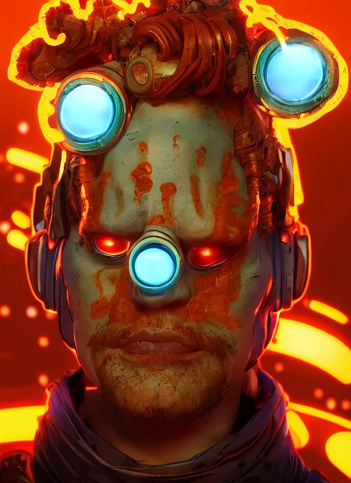 Image similar to glowwave portrait of curly orange hair man from borderlands 3, au naturel, hyper detailed, digital art, trending in artstation, cinematic lighting, studio quality, smooth render, unreal engine 5 rendered, octane rendered, art style by klimt and nixeu and ian sprigger and wlop and krenz cushart.