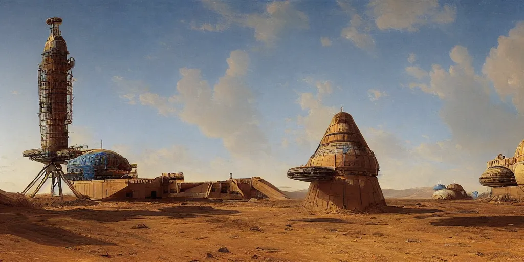 Image similar to soviet space round station in the desert by asher brown durand, stefan koidl, ivan shishkin,