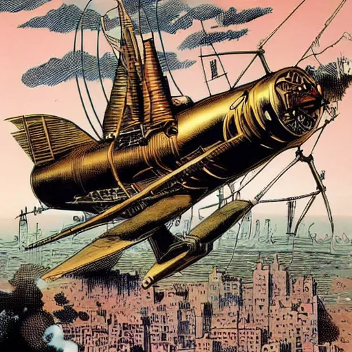 Image similar to steampunk flying air-ship conceot art, design art by Dave Gibbons, Jack Kirby, Will Eisner